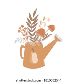 watering can with flowers and leaves. cute vector autumn illustration