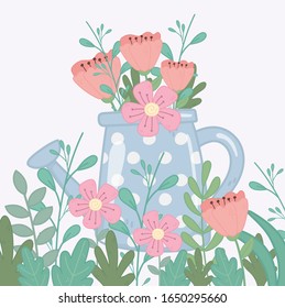 watering can flowers leaves foliage botanical decoration vector illustration