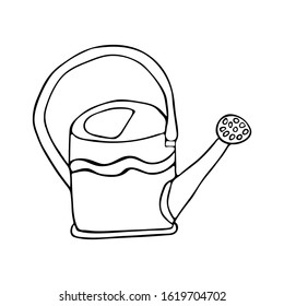 Watering can for watering flowers and plants. Black and white doodle style illustration. Spring and summer concept