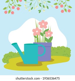 Watering can and flowers pot