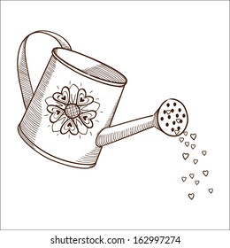 Watering can with flowers. Sketch vector design element for Valentine's day