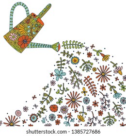 Watering can, flowers. Spring postcard. Vintage.