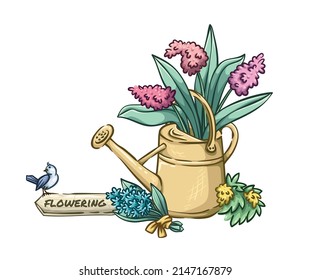 Watering can with flowers and tag, spring garden tools