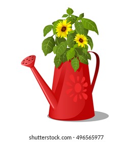 Watering can with flowers. Vector illustration.