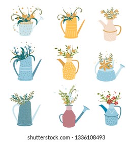 watering can with flowers vector set