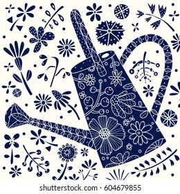 Watering can and flowers. Vector set.