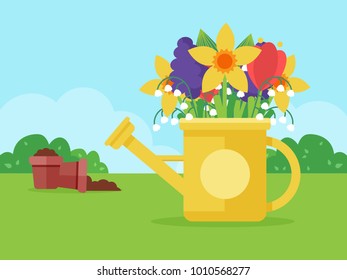 Watering Can with Fresh Spring Flowers in Garden. Flat Design Style. 