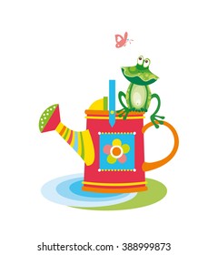 Watering can and frog. Vector illustration.