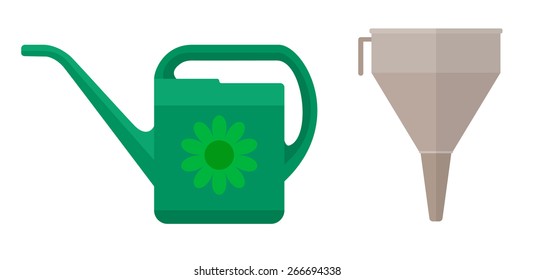 Watering can and funnel. Eps10 vector illustration. Isolated on white background