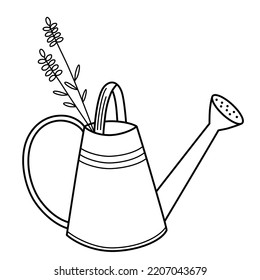 Watering can for garden, doodle icon of metal water can with lavender flowers, horticulture vector illustration, isolated outline clipart on white background