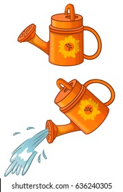 Watering can garden orange vector cartoon illustration