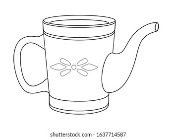 Watering can garden for watering plants vector linear picture for coloring. Watering can for indoor plants with a pattern - vector clip art. Gardening tool - watering. Outline.