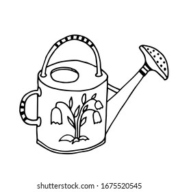 A watering can garden tool. Hand drawn doodle garden vector illustration. Isolated on white.