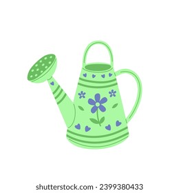 Watering can for gardening with heart decoration. Spring garden, farming concept. Flat cartoon vector illustration.