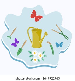 Watering can and gardening tools for working on the flowerbed, daisies, butterflies - abstract icon - isolated on white background - vector.