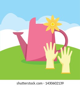 watering can and gloves flower decoration gardening flat design vector illustration