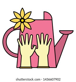 watering can gloves and flower tools decoration gardening flat design vector illustration
