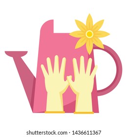 watering can gloves and flower tools decoration gardening flat design vector illustration