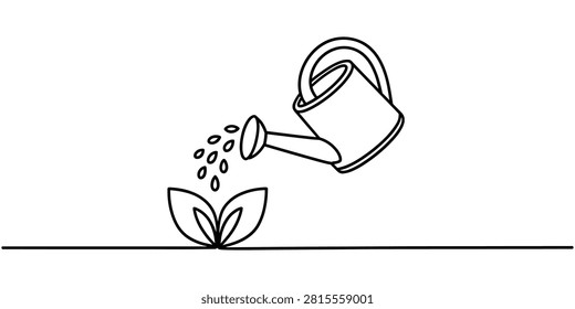 Watering Can with Growing Plant Continuous One Line Drawing Minimalist Gardening Illustration