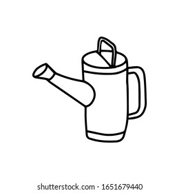 Watering can in hand drawn doodle style isolated on white background. Vector outline stock illustration. Sign capacity gardening element. Coloring book. Watering pot.