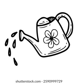 Watering can. Hand drawn doodle. Summer garden equipment. Water drops, rain. Shower for plants. Vector line art illustration.