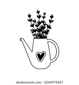 Watering can with hand drawn lavender flowers. Vector illustration. Simple doodle style.