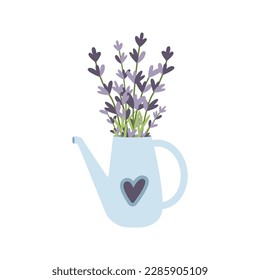 La lata de agua con flores de lavanda dibujadas a mano. Ilustración vectorial. Sencillo estilo plano.