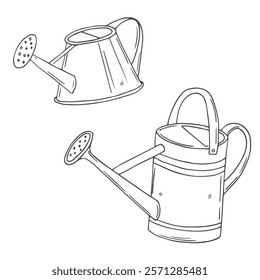 Watering can hand drawn outline doodle set. Pouring watering can vector sketch illustration
