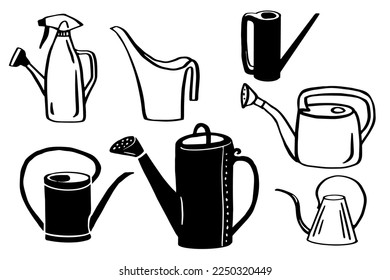 Watering can hand drawn set or pot isolated on white background. Modern gardening tool or agricultural implement used in horticulture and plant cultivation. Flat cartoon vector illustration.