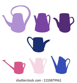 Watering can hand drawn vector doodle colorful illustration isolated on white backdrop, flat style, Scrapbook design gardening elements, collection for wedding invitation, greeting card, florist shop