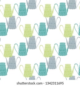 Watering can hand drawn vector seamless pattern. Summer and spring textile design template.
