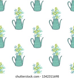 Watering can hand drawn vector seamless pattern. Summer and spring textile design template.