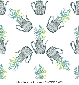 Watering can hand drawn vector seamless pattern. Summer and spring textile design template.