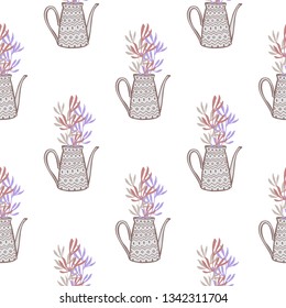 Watering can hand drawn vector seamless pattern. Summer and spring textile design template.