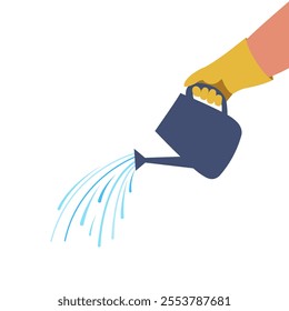 Watering can. Hand in glove pours water from watering can. Caring for plants. Flat vector illustration isolated on white background