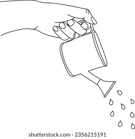 Watering can in hand line art vector illustration