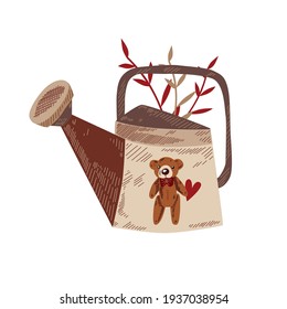 Watering can in handdrawn style. With a cute teddy bear. In terracotta colors. Poster, postcard, congratulations.