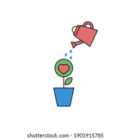 Watering can watering heart, flower. Vector concept of love, help and care.