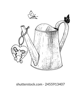 Watering can heart vector illustration butterfly. Metal curved gardening decoration water. Black outline graphic drawing. Ink line contour silhouette outline. Instrument tool star bells rope jute work