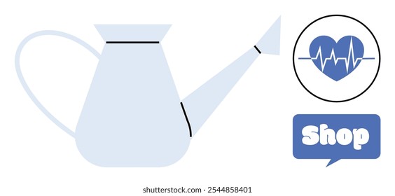 Watering can with a heartbeat symbol and a shop sign in speech bubble. Ideal for gardening, health, shopping, wellness, and e-commerce. Simple and modern style in blue and white colours