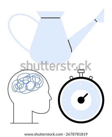 Watering can human brain with tangled lines stopwatch. Ideal for mental health, mindfulness, productivity, cognitive development, time management, stress relief, self-care. Line metaphor