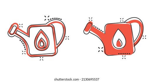 Watering can icon in comic style. Garden tool cartoon vector illustration on white isolated background. Cultivate growth splash effect sign business concept.