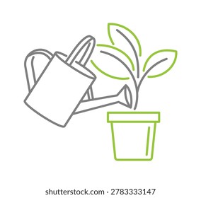 Watering can - icon in elegant thin line with flower pot