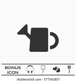 Watering can icon flat. Black pictogram on white background. Vector illustration symbol and bonus button