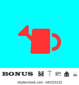Watering can icon flat. Red pictogram on blue background. Vector illustration symbol and bonus buttons Music center, corkscrew, credit card, house, drum