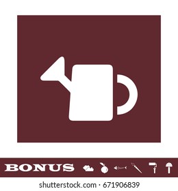 Watering can icon flat. White pictogram on brown background. Vector illustration symbol and bonus icons