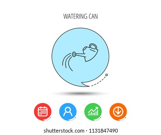 Watering can icon. Gardener equipment sign symbol. Calendar, User and Business Chart, Download arrow icons. Speech bubbles with flat signs. Vector