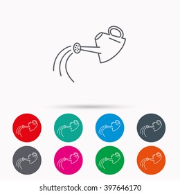 Watering can icon. Gardener equipment sign symbol. Linear icons in circles on white background.