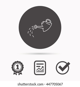 Watering can icon. Gardener equipment sign symbol. Report document, winner award and tick. Round circle button with icon. Vector