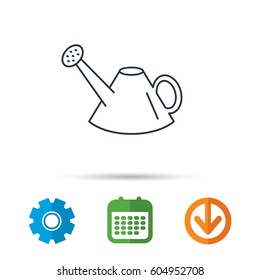 Watering can icon. Gardener equipment sign symbol. Calendar, cogwheel and download arrow signs. Colored flat web icons. Vector